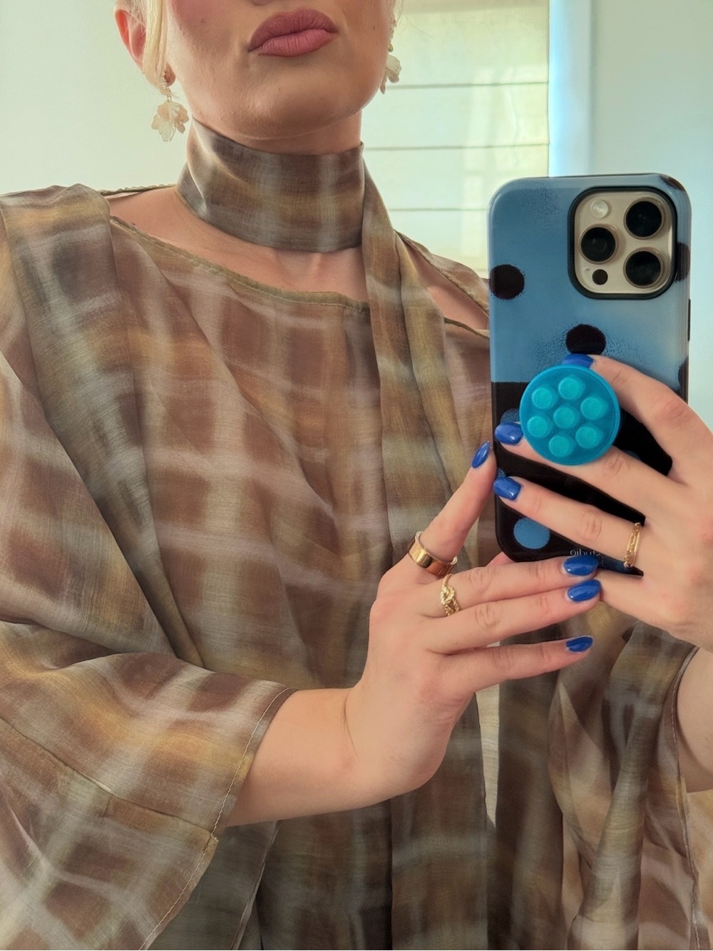 Green and yellow check plaid blouse with scarf piece